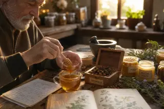 Elderly man stirring honey into tea in a rustic kitchen with natural light, surrounded by bee products and handwritten notes.