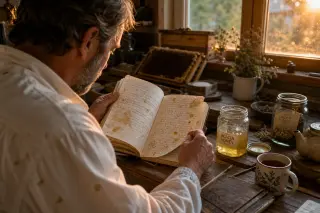 A middle-aged man in casual clothes, seen from behind at a sunlit kitchen table, studying handwritten notes near a jar of acacia honey and herbal teas in a softly lit, authentic setting.