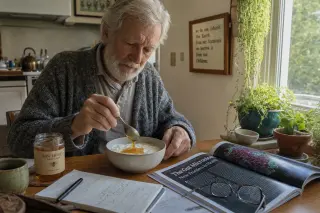 Elderly man stirring honey into yogurt at a kitchen table, soft morning light and potted herbs nearby, scene feels calm and genuine.