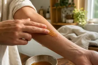hands applying honey to a small patch on inner forearm in a warmly lit, natural bathroom setting, evoking a calm and authentic moment