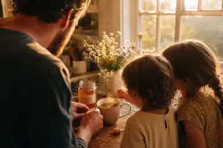Family in a sunlit kitchen preparing tea with local honey, hands and warm ambiance highlighted, evoking an authentic everyday moment.
