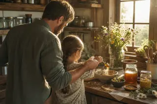 Father and daughter seen from behind preparing food together in a sunlit kitchen, with honey being carefully added to a bowl on a rustic countertop.