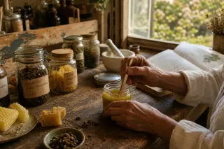 Hands of an elderly apitherapist preparing beeswax and propolis salve on a wooden workbench in a rustic home lab at dawn, with jars and natural materials bathed in soft sunlight.
