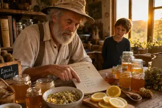 Elderly beekeeper reading a handwritten checklist beside open honey jars on a wooden kitchen table at sunset, with a curious child in the background observing the scene.