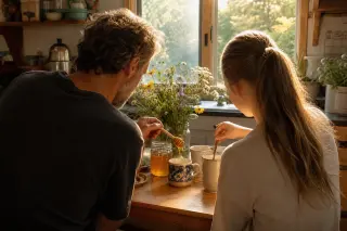 Father and teenage daughter preparing honey tea together in a sunlit kitchen, surrounded by jars of honey and wildflowers, with warm, natural afternoon light.