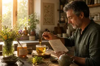 Middle-aged man preparing herbal infusion with raw honey in a softly lit rustic kitchen at dawn, surrounded by wildflowers and handwritten notes.
