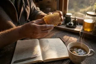 Hands of a man studying raw honeycomb with a notebook and herbal tea in warm sunset light at a rustic kitchen table