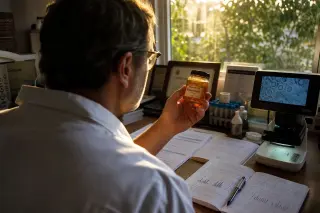 A man examines a jar of Manuka honey by a sunlit window in a lab, with study notes and a microscope on the table.
