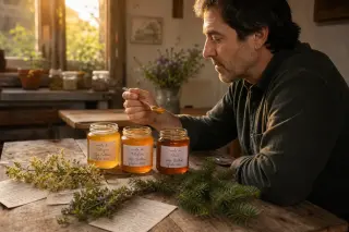 Middle-aged man tasting and comparing jars of different honey at a rustic table with natural sunlight, notes and plant sprigs scattered around.