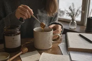 Hands stirring raw honey into hot tea in a cozy kitchen at dawn, handwritten notes and winter branches nearby, calm winter atmosphere.